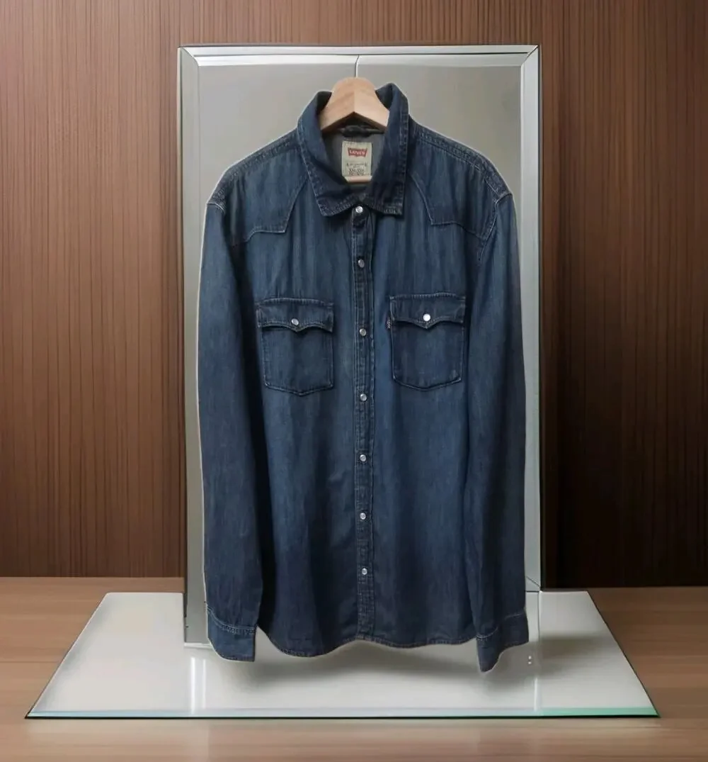 Levi's Strauss Vintage Blue Denim Western Pearl Snap Long Sleeve Stretch 2XL